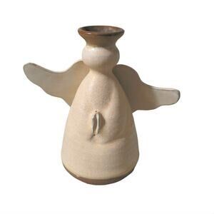 Pottery Angel Candle Holder Clay Signed Winged